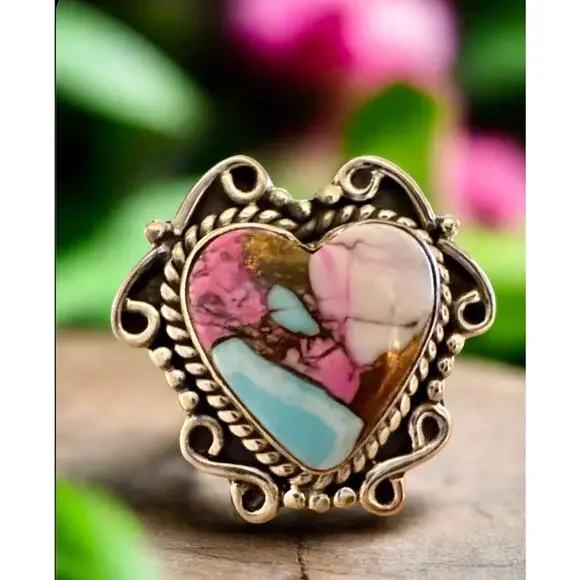 Cotton Candy Turquoise | Heart Shaped Ring | Size 5-10 Adjustable - Picture 3 of 5